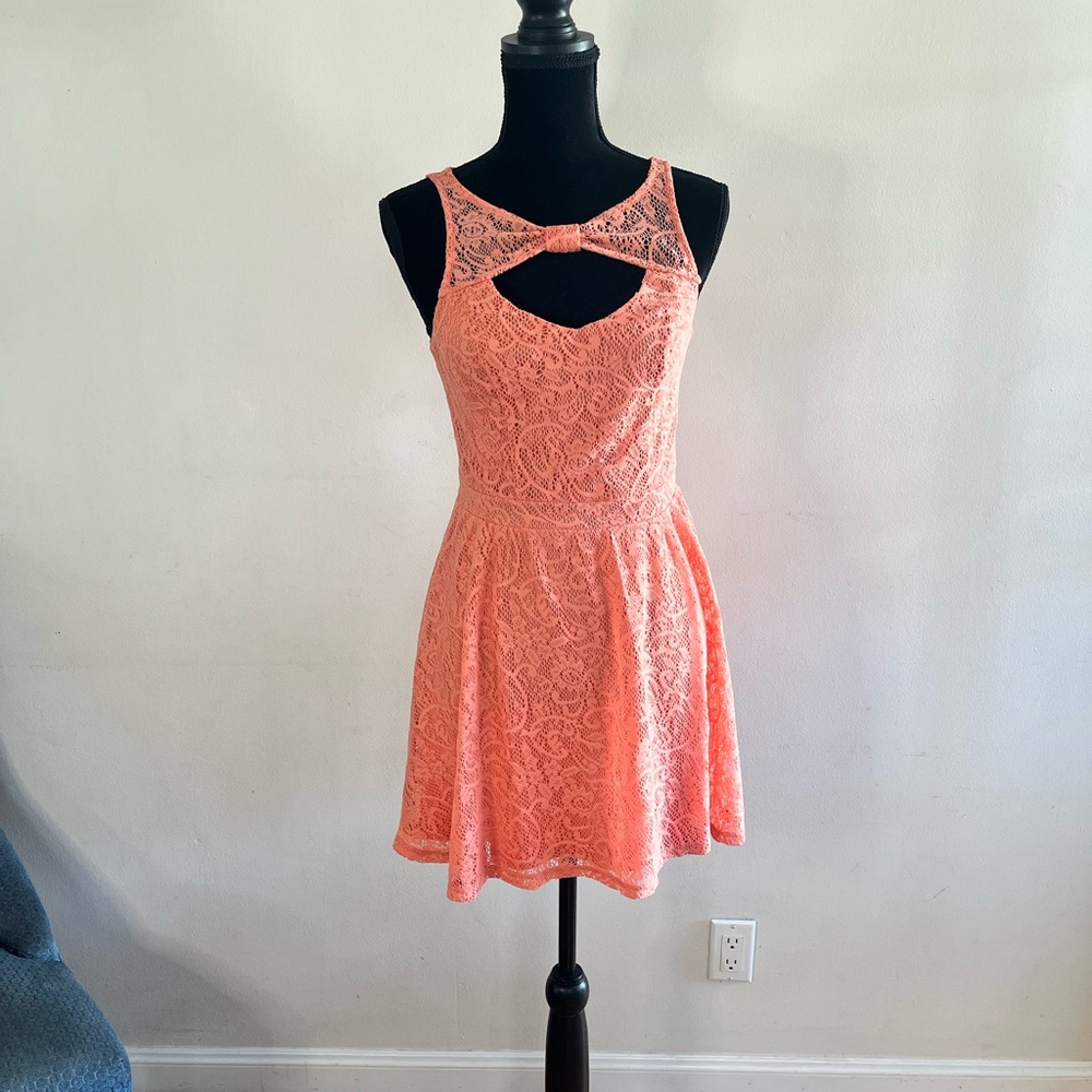 Chic Coral Lace Dress with Bow Accent
